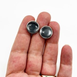 Vintage Silver Tone Smoke Grey Stone Round Cufflinks Unsigned